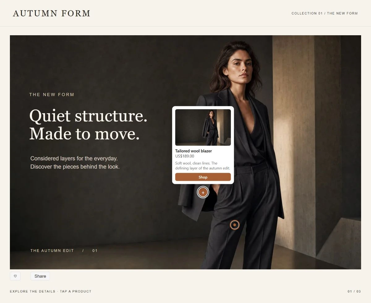A LookDesigner Pro lookbook on a storefront. A hotspot on a tailored wool blazer is selected and its product card is open.